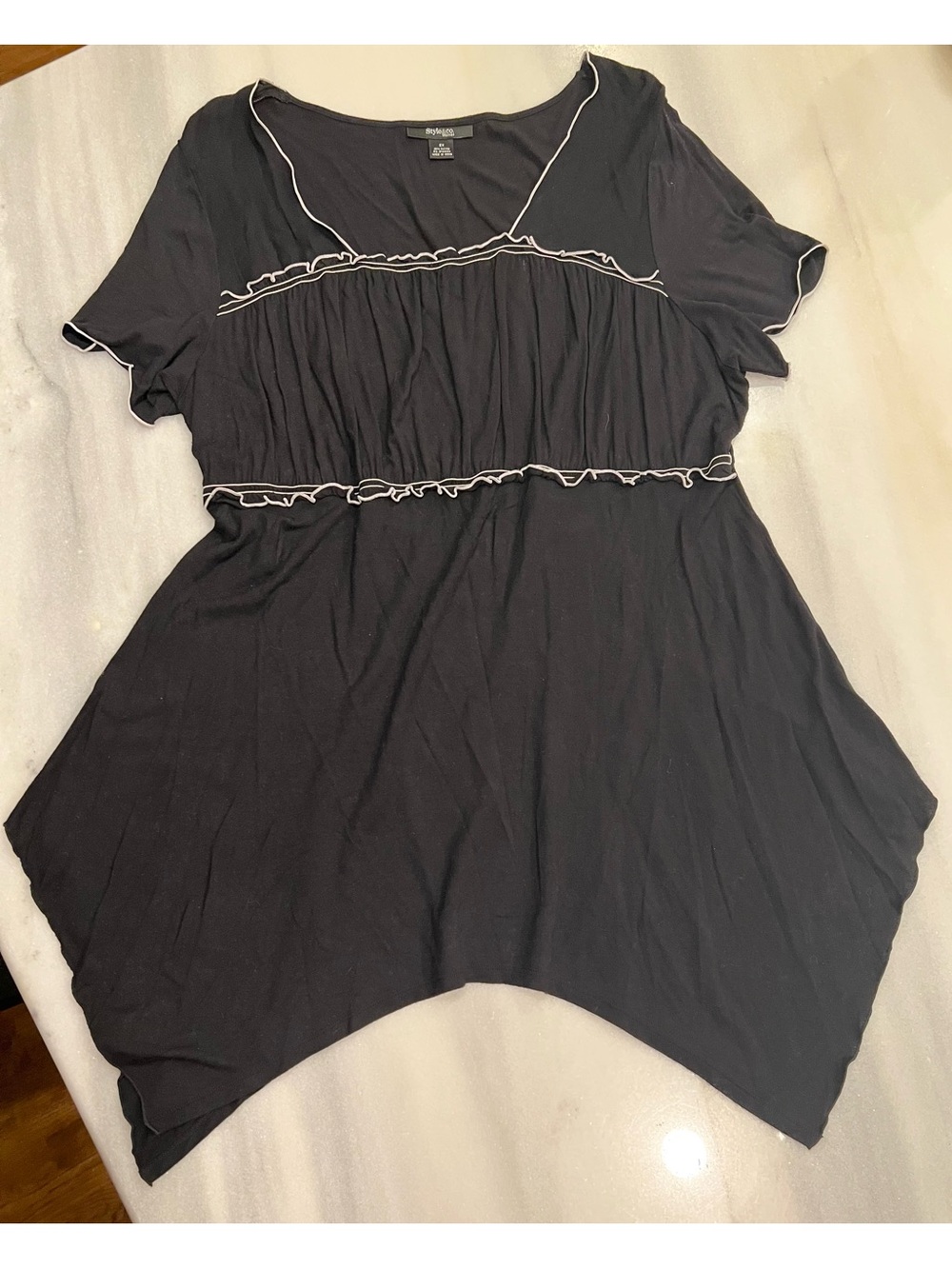 Style & Co Black Short-Sleeve swing Tunic with White Ruffle Trim